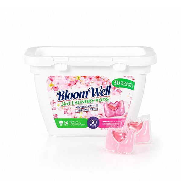 BloomWell Sweet Peach 3-in-1 laundry pod tub with pink label